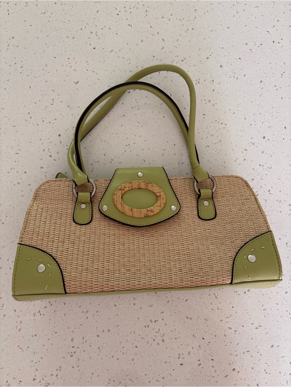 Woven Straw Tote Handbag with Lime Green Trim Hand Bag Purse